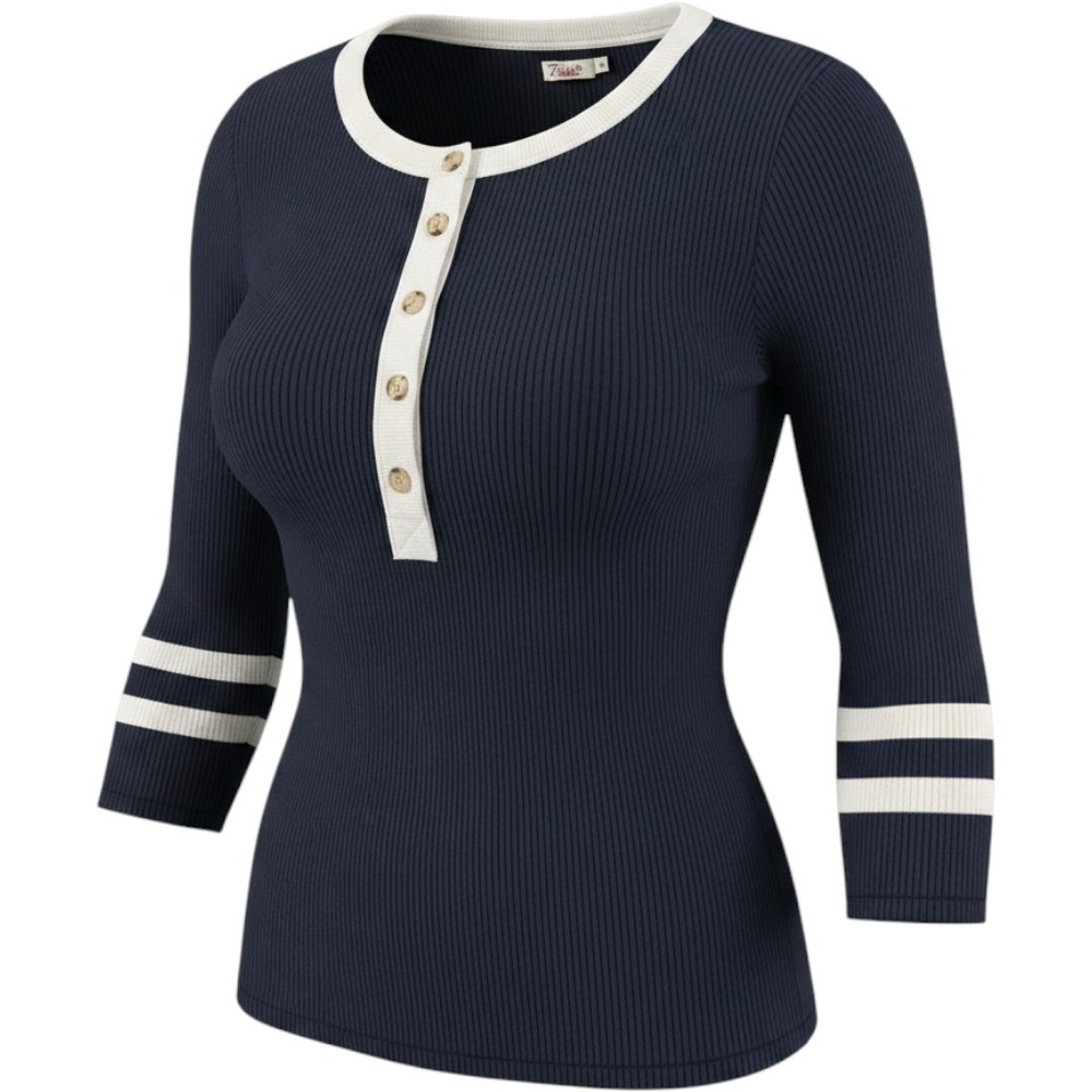 Faherty‎ Navy Blue Organic Cotton Cashmere Ribbed Henley Top Striped Cuffs L
